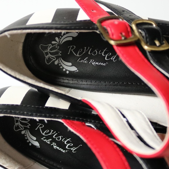 Lola Ramona Leather Heels Black White Red Stripes Ankle Straps Retro Women's 39 - Picture 6 of 10